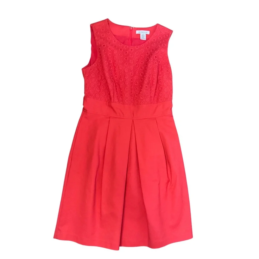 Liz Claiborne Coral Pink Eyelet Lace Fit & Flare Dress Sleeveless Pockets Size 6